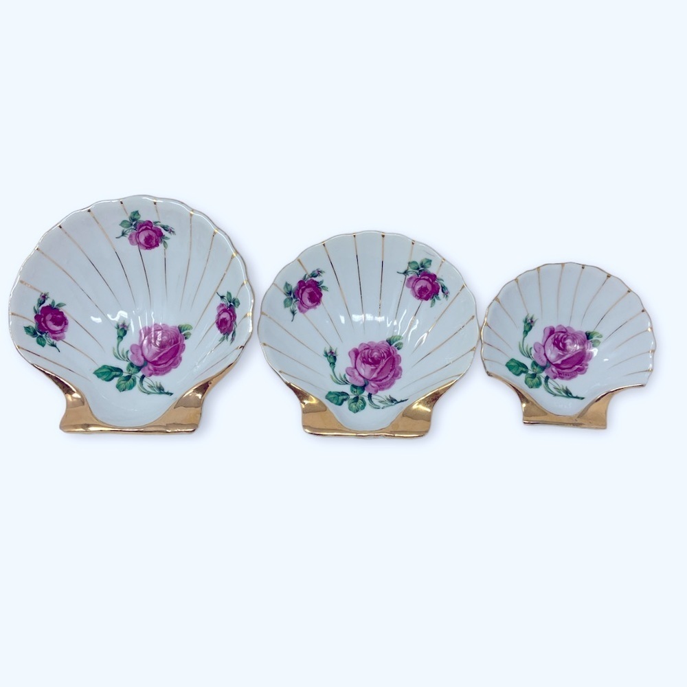 Vintage NASCO Gold Trimmed Clam Shell Rose Floral Dish Japan Porcelain. Set of 3